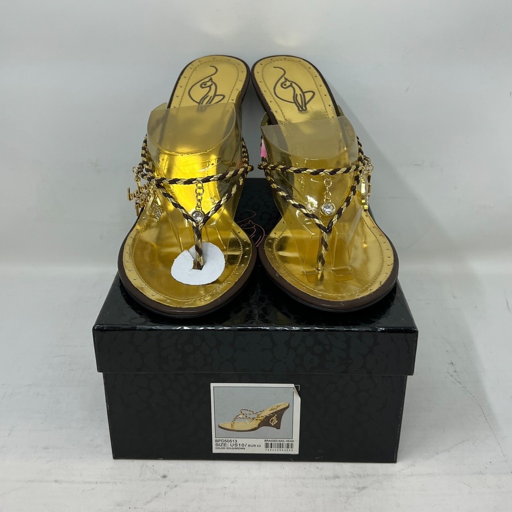 Baby Phat Gold/Brown Wedge Sandals Rhinestone Y2K Glam Women's US 10B VTG NEW - Picture 16 of 16